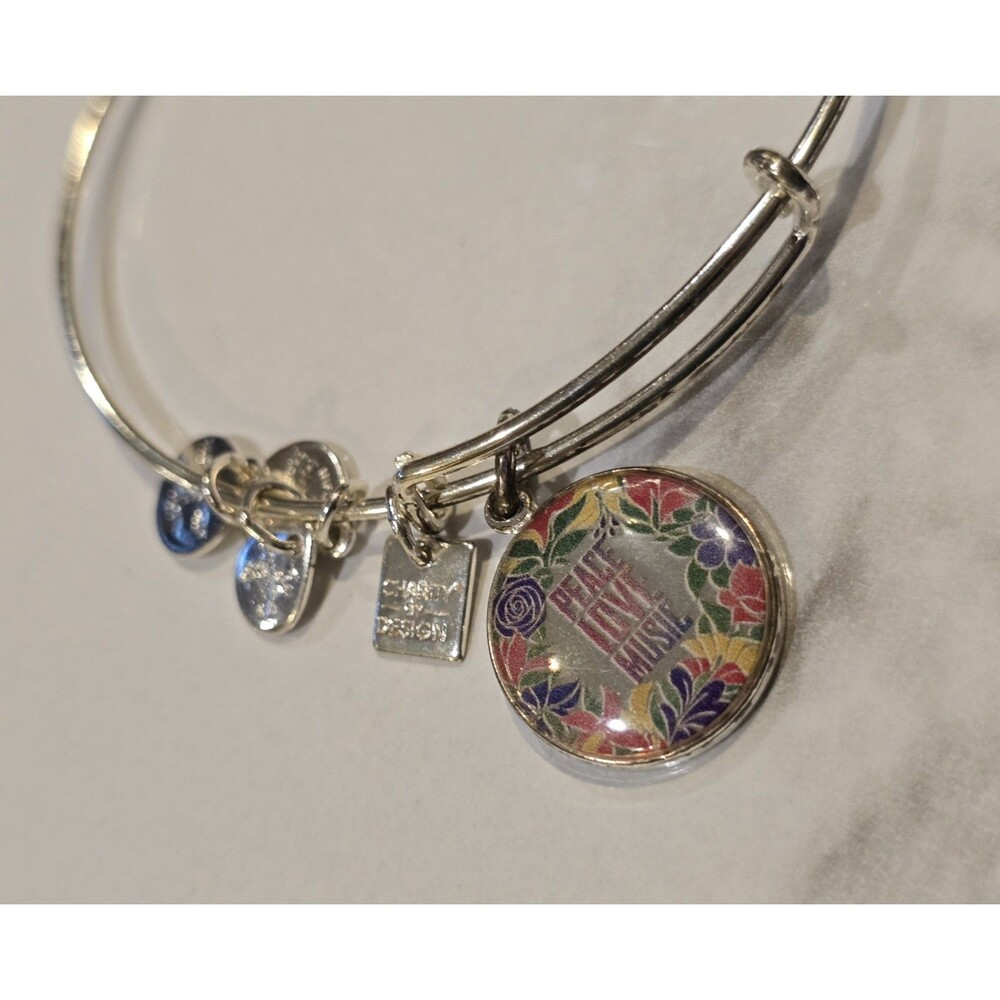 Alex and Ani Peace Love Music Expandable Silver Tone Charm Bangle Bracelet #1086